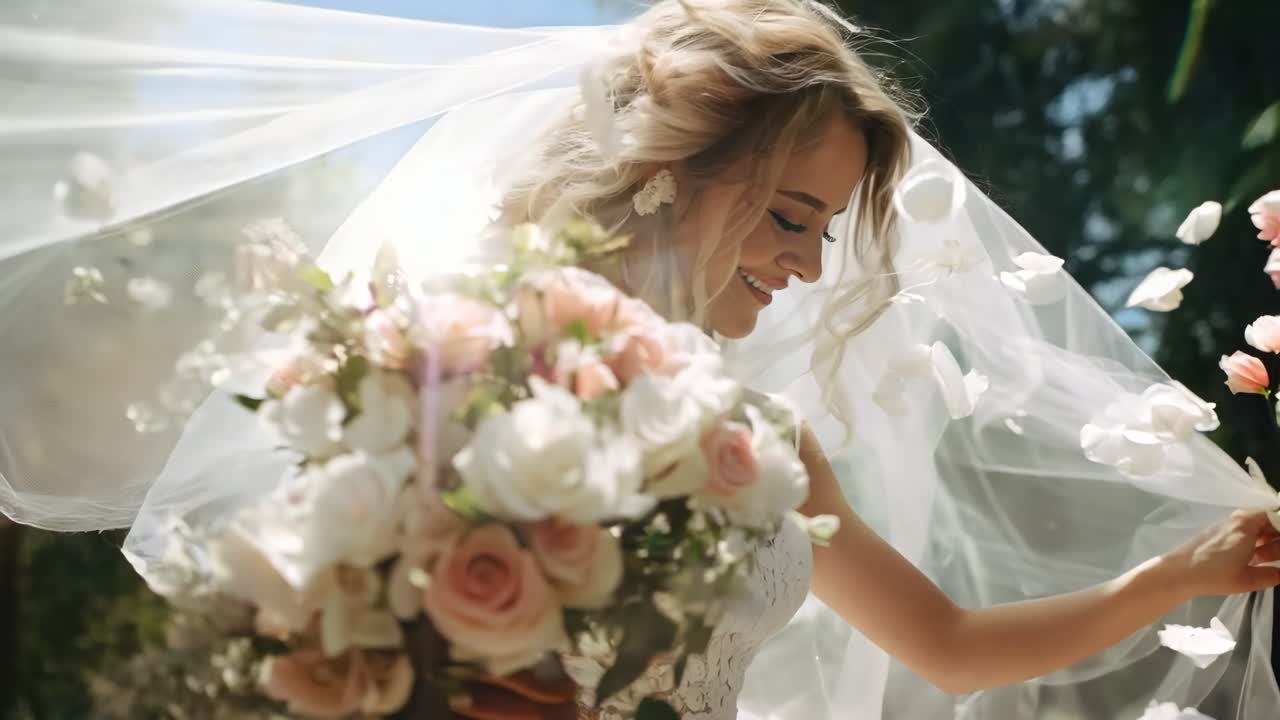 A bride in a flowing veil and floral bouquet captured in a side-angle shot, creating a dreamy