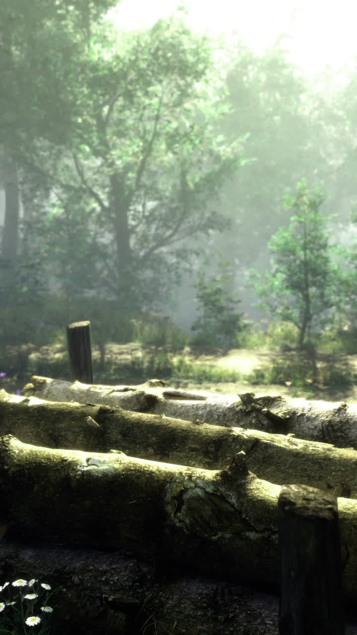 Wooden logs resting in a lush green forest during morning light
