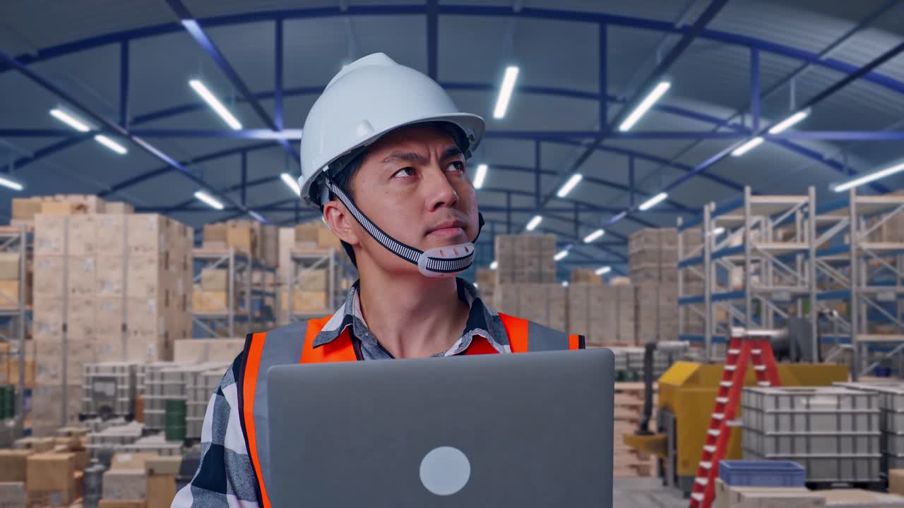 Close Up Of Asian Male Engineer With Safety Helmet Working On A Laptop And Looking Around While Standing in Spacious Warehouse with Rows of Shelving