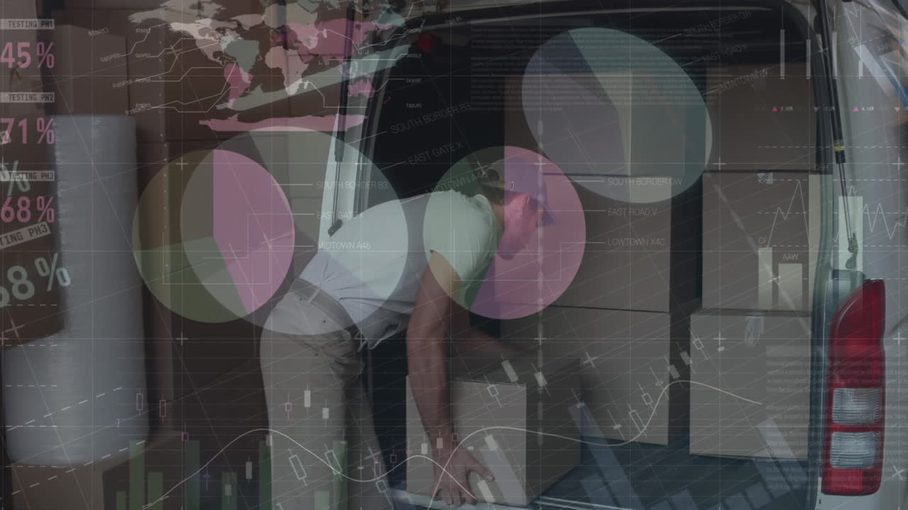 animación de estadísticas y procesamiento de datos financieros sobre el repartidor y la furgoneta
