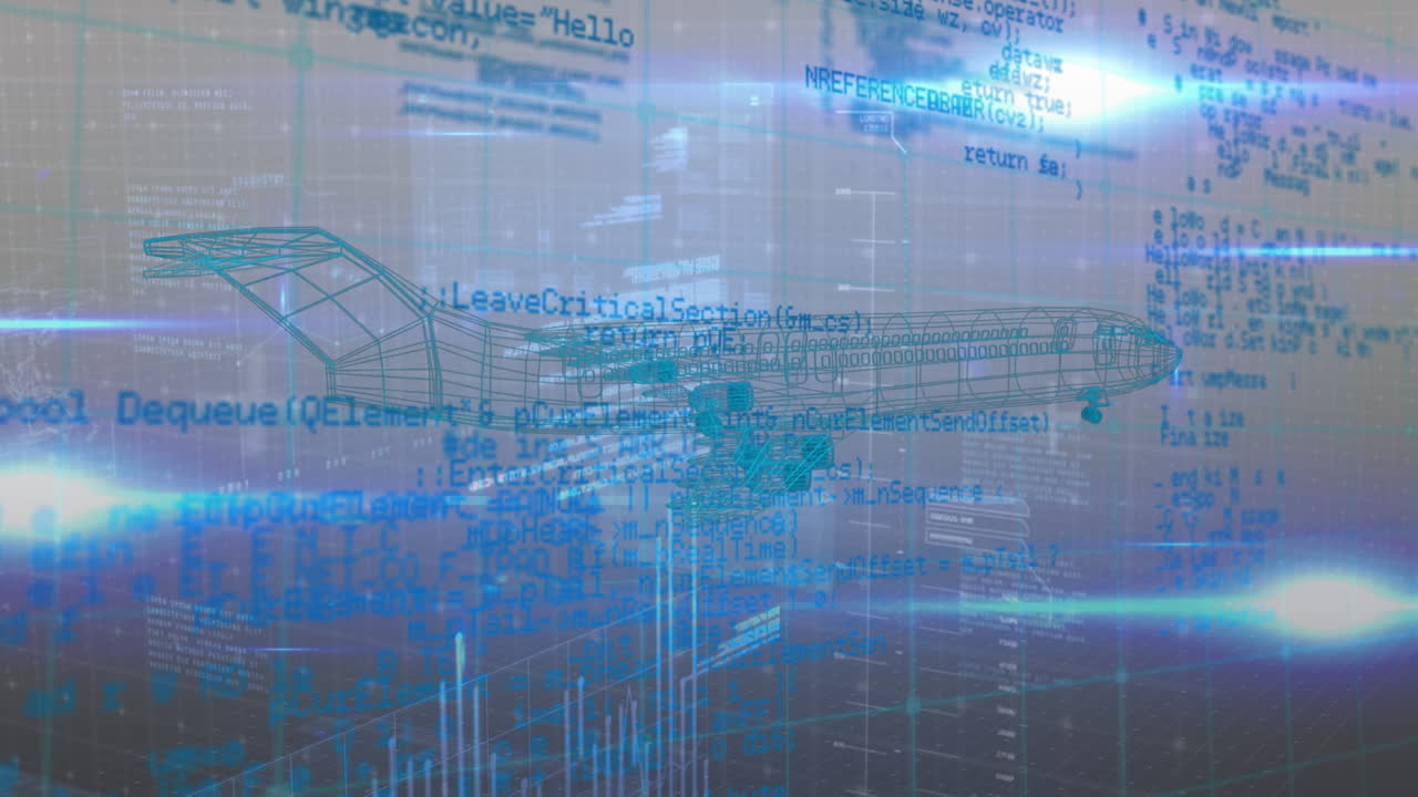 검은색과 파란색 공간에서 데이터 처리 위에 회전하는 비행기 프로젝트의 애니메이션