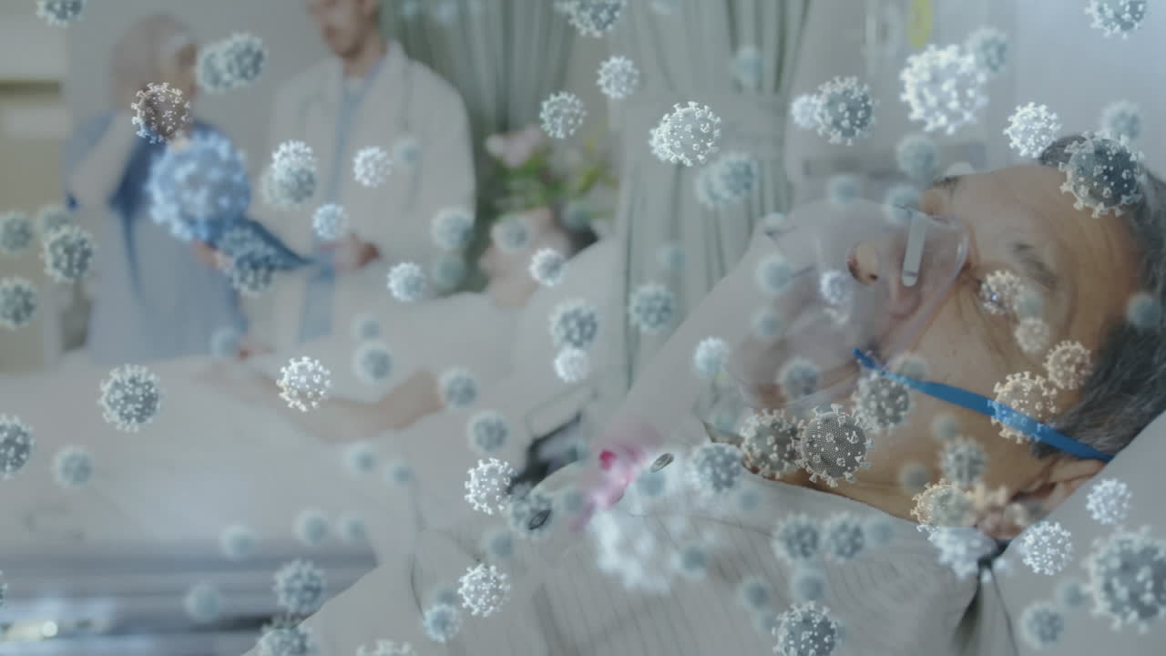 병원 침대에 누워 있는 고령 백인 남성 환자 위에 떠다니는 거대한 코로나19 세포의 애니메이션