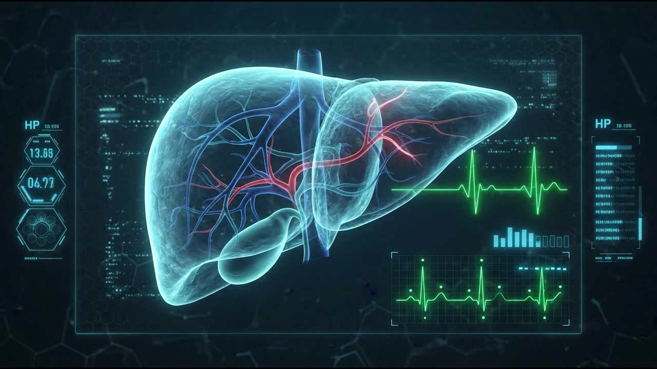 Futuristic glowing holographic wireframe scan of human liver