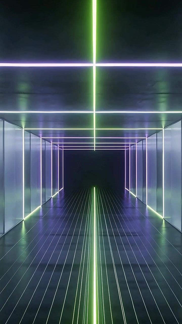 Vertical video: Camera starting advancing through neon hall, revealing green strip and purple grid
