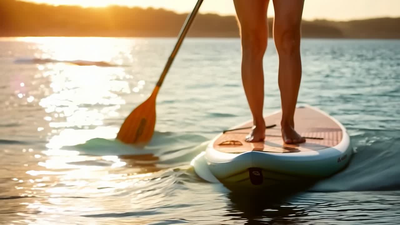 Low-angle video shot of a person paddleboarding on calm water, capturing the serene, adventurous