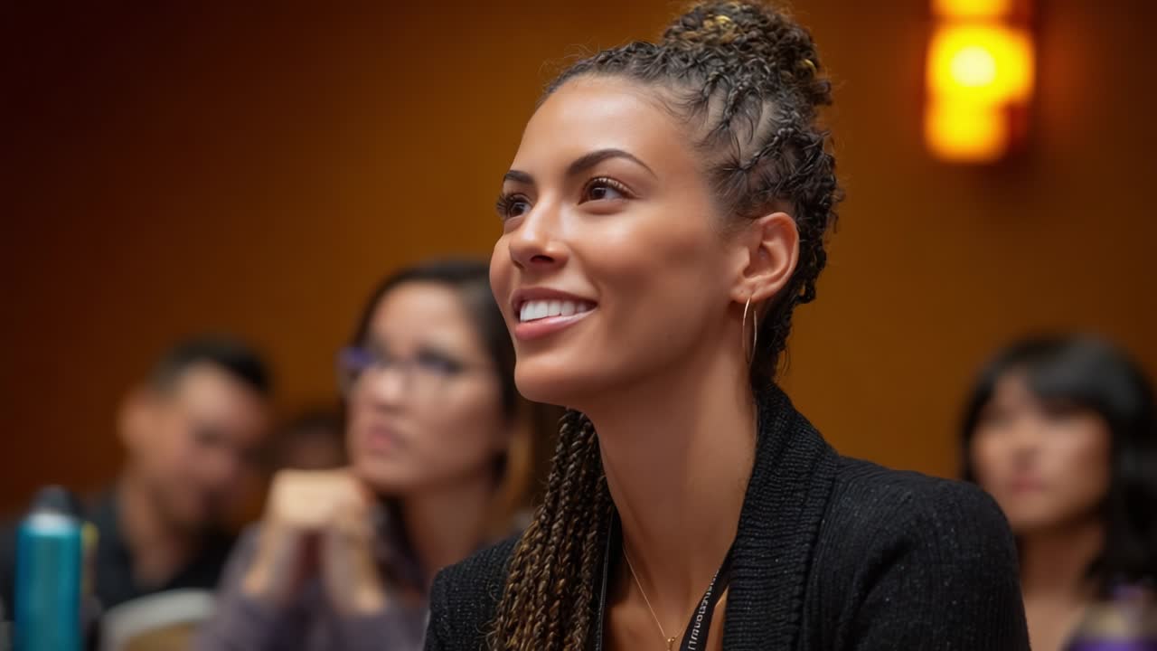 Engaged Audience Member Smiles While Listening to a Presentation at a Conference, Capturing the Joy of Learning and Connection in a Professional Setting with Fellow Participants