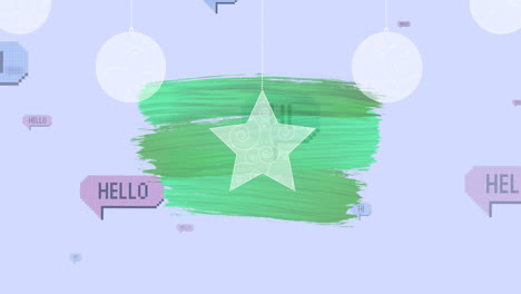 decoraciones colgantes de navidad sobre pincel verde contra burbujas de habla con texto de saludo