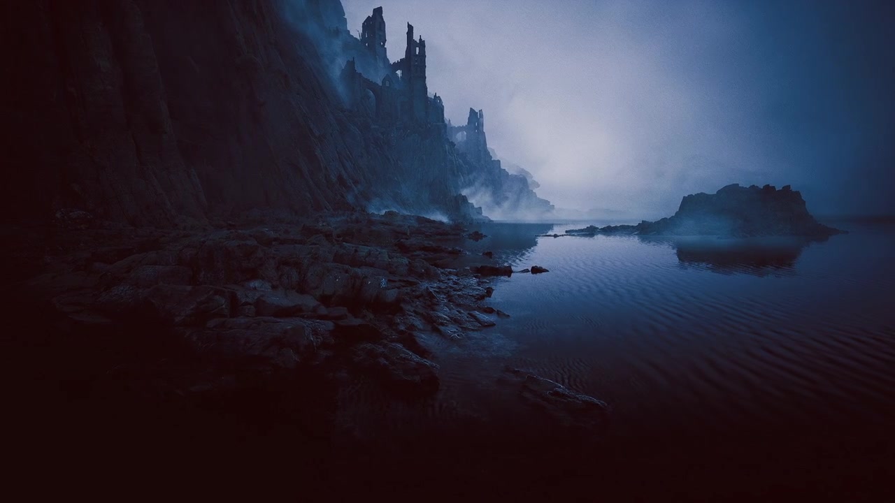 Stony landscape leading to distant islet under gentle foggy illumination
