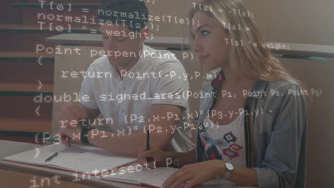 animación del procesamiento de datos digitales sobre una pareja de estudiantes caucásicos