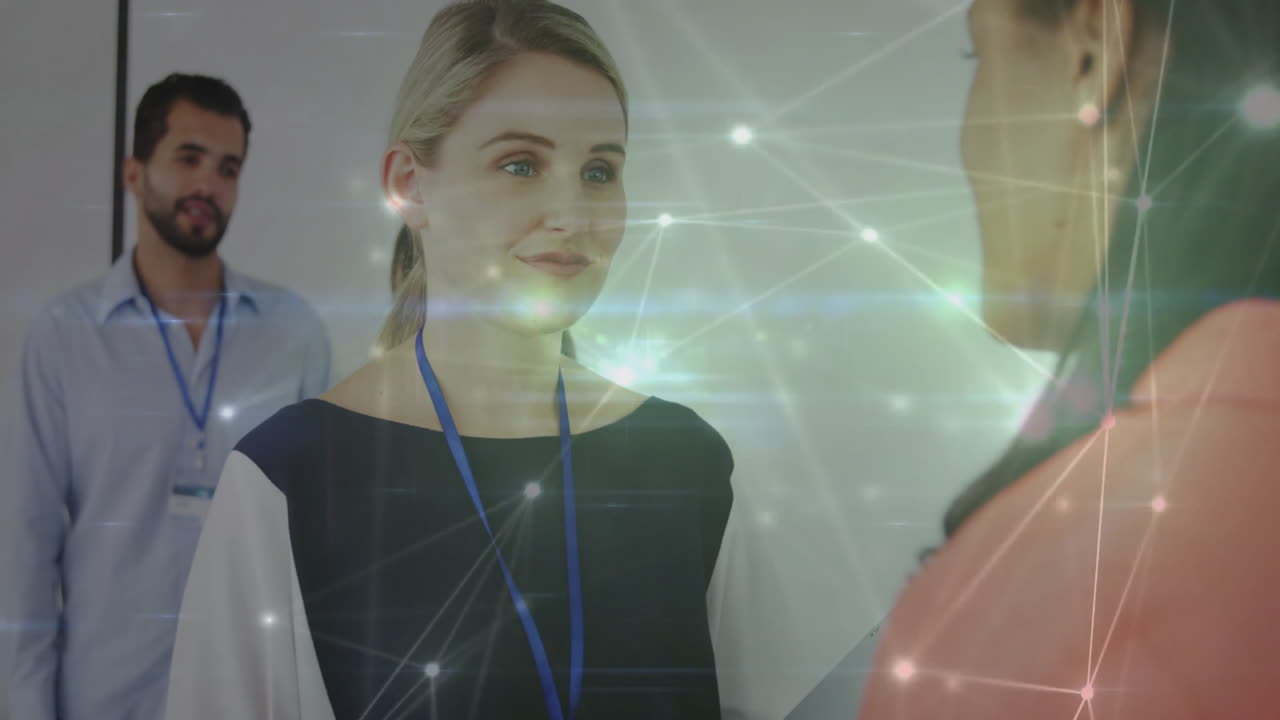 Networking, business professionals using digital connections with animation overlay