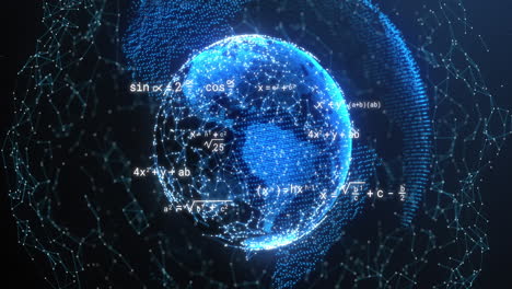 animación de ecuaciones matemáticas sobre el globo y red de conexiones en fondo negro