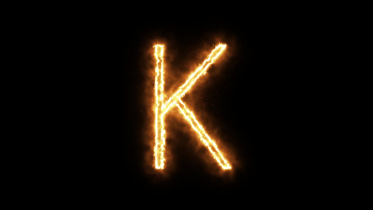 la letra "k" de la llama ardiente. fuente de quema ardiente o texto alfabético de hoguera con efecto de calor ardiente y brillante. representación 3d.