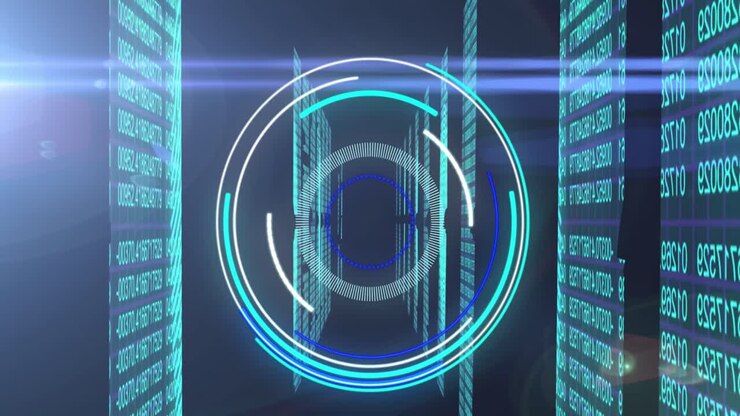 Animation of scope scanning and data processing over biometric fingerprint, computer servers