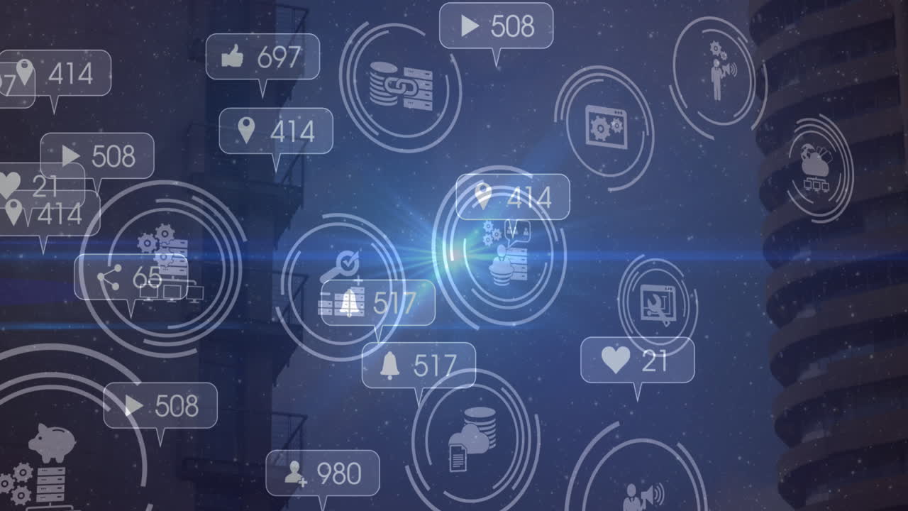Animation of social media icons and numbers over cityscape