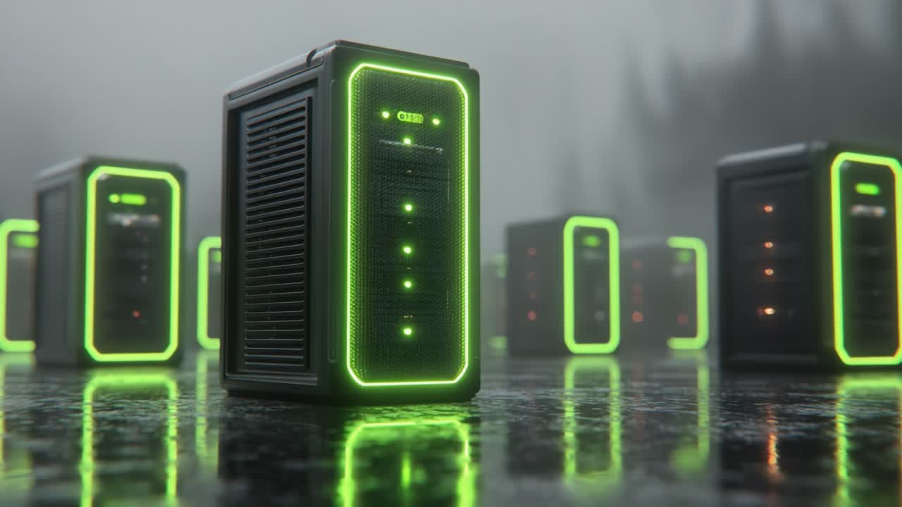 Et futuristisk arrangement af glødende servere i et tåget miljø: Udforskning af det indviklede design og teknologien bag avancerede computersystemer