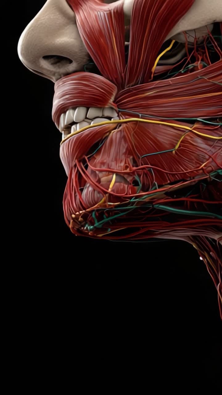 Anatominen tutkimus kasvojen lihaksista ja verisuonirakenteesta, joka paljastaa ihmisen anatomian monimutkaiset yksityiskohdat upeassa taiteellisessa renderöinnissä