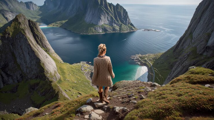 Malerische Reiseaufnahmen einer Frau, die auf einem felsigen Bergpfad steht und an einem klaren Sommermorgen über einen dramatischen Fjord, steile Gipfel und türkisfarbenes Wasser blickt.