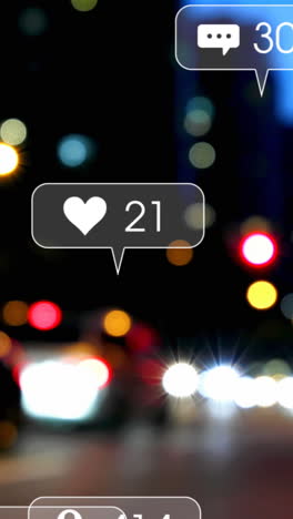 animación de iconos y números de redes sociales sobre semáforos desenfocados