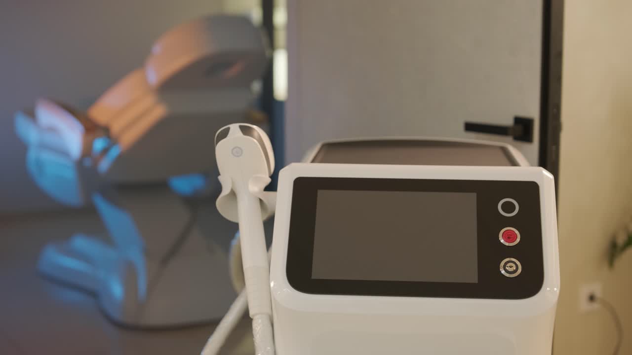 현대적인 레이저 탈모 기기는 화장품 클리닉에 있습니다.