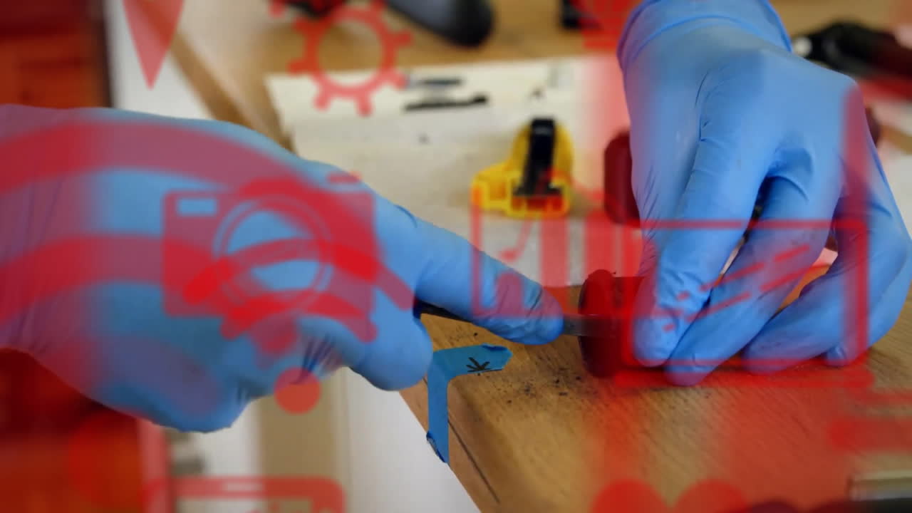 Animation of media icons over caucasian worker sharpening knife