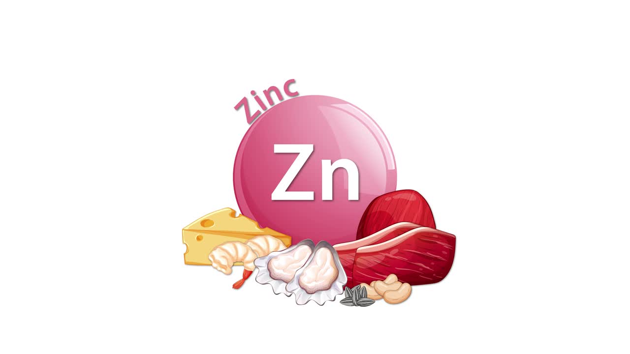 Un'icona rosa dell'elemento zinco si anima mentre formaggio, carne rossa e funghi appaiono accanto ad essa su uno sfondo bianco, evidenziando le fonti alimentari di zinco.