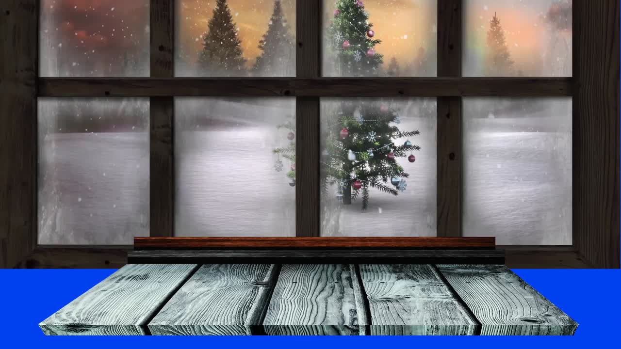 Animation of ho ho ho text banner over view of snow falling over christmas tree from window frame