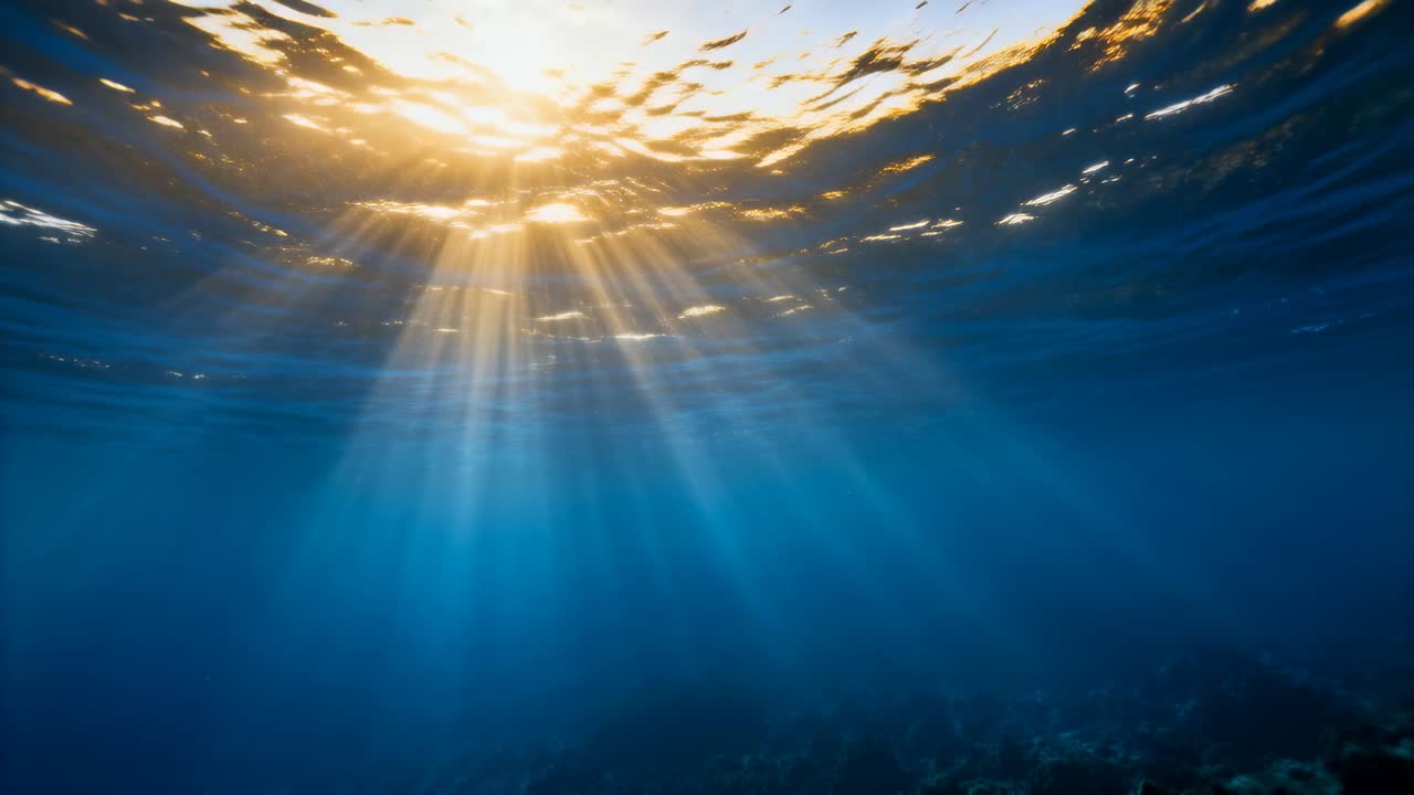 Sun peeking above rippled surface causing sunlit column shimmering and moving sunbeams into blue