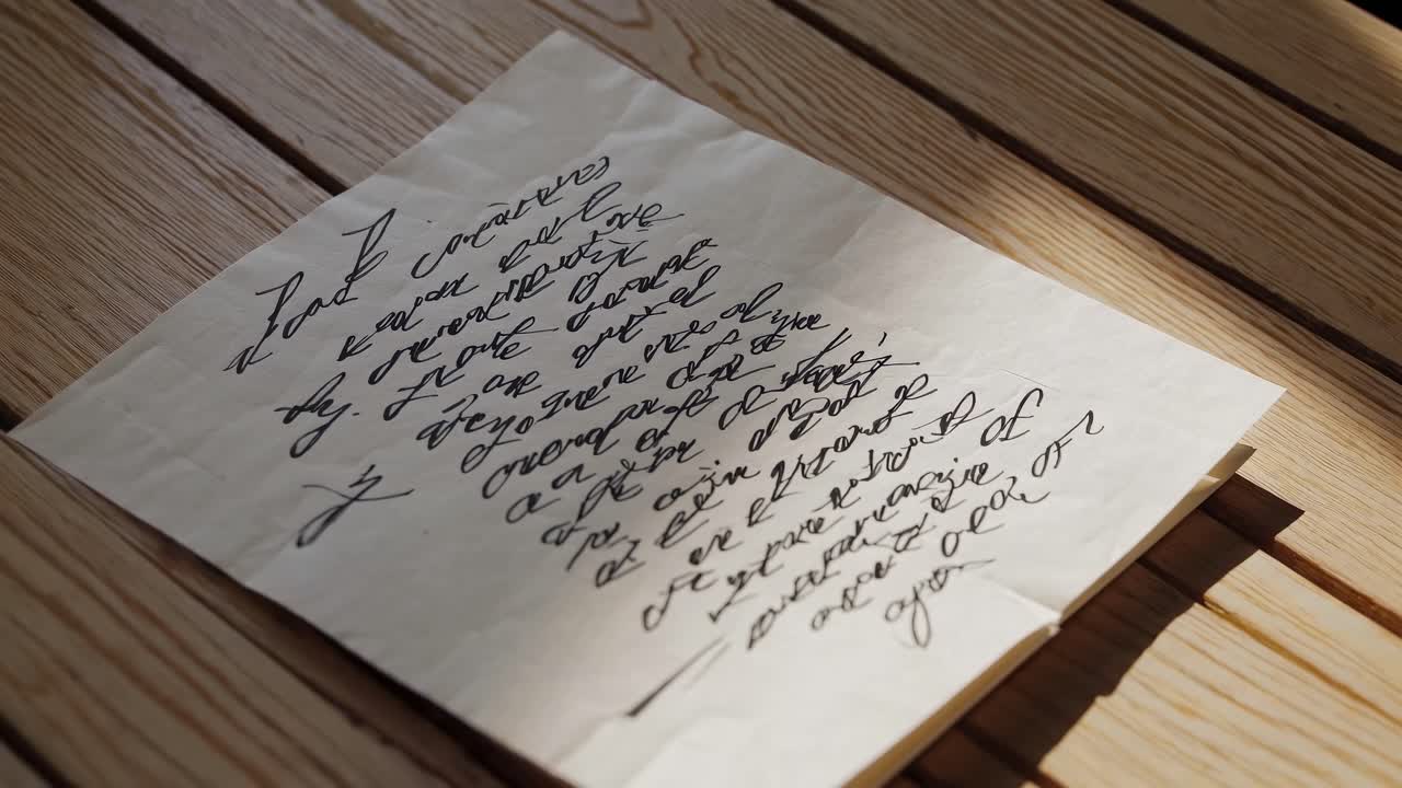 Close-up, top-down view of handwritten letter on wooden table, sunlight casting shadows