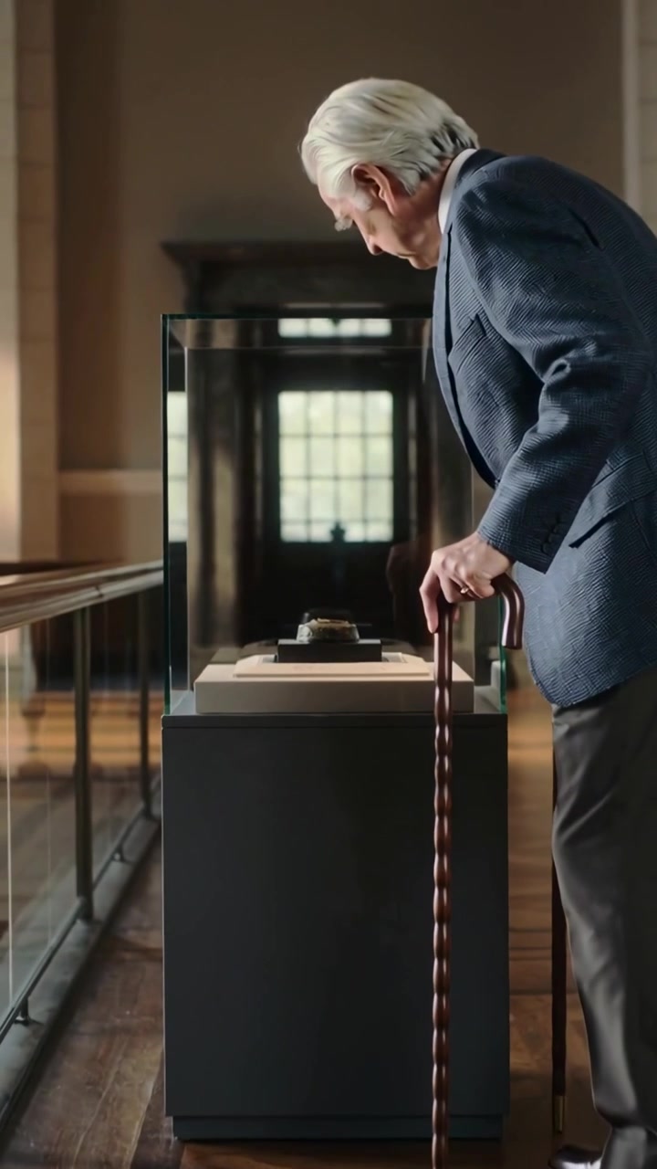 Video verticale: Anziano che entra, in blazer blu con bastone, che studia un oggetto in una teca del museo, con spazio per il testo.