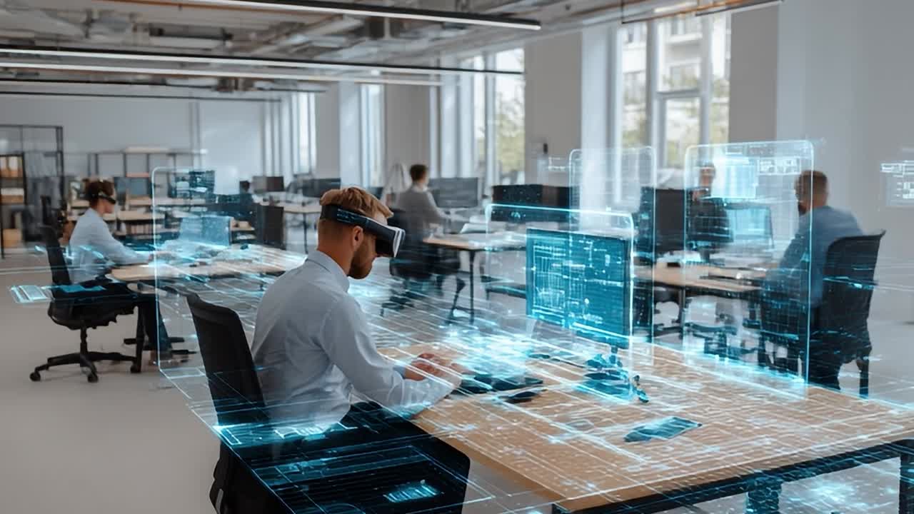Virtual reality experience in a modern office setting with engaged users