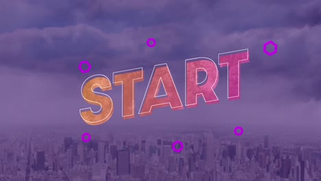 Animation-of-start-text-in-red-with-purple-shapes-over-purple-sky-and-cityscape