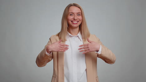 woman showing inviting gesture with hands, ask to join, beckoning to coming, gesturing hello goodbye