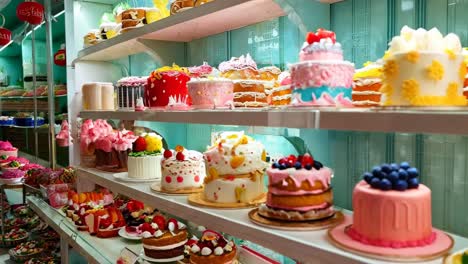 a display case filled with lots of different types of cakes