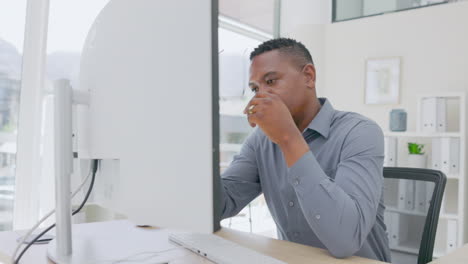 stress, headache and black man with computer