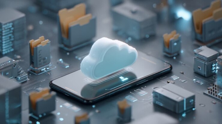 Visualização inovadora de computação em nuvem em um smartphone com pastas digitais para gerenciamento de dados aprimorado e soluções de armazenamento em um ambiente futurista