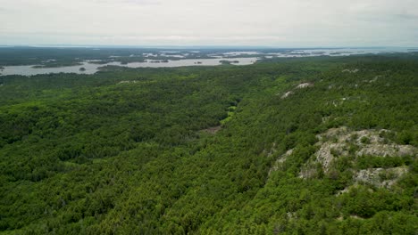 Vista-Aérea-Del-Bosque-De-La-Isla-Manitoulin-Con-El-Lago-Huron-A-Lo-Lejos