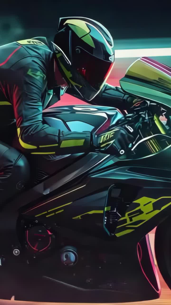 Vertical video: Adopting tuck, motorcyclist accelerating past lens in neon tunnel with motion blur