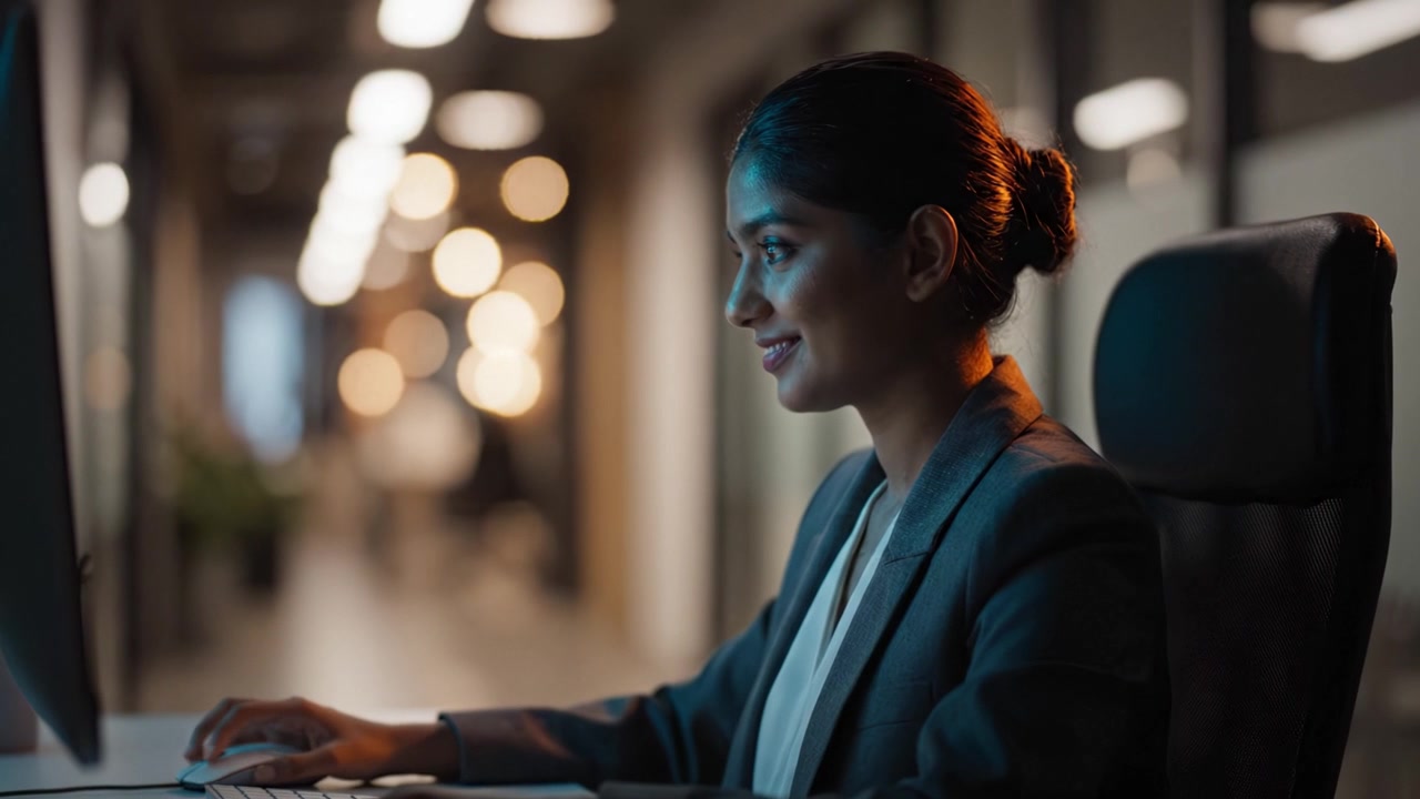 Focused Professional in Modern Office Environment Working on Computer, Showcasing Determination and Evolving Emotions During Night-time Productivity