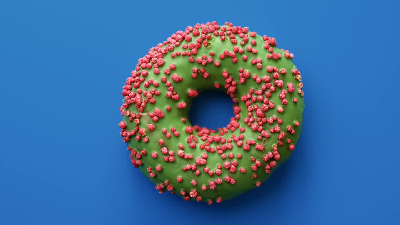 deliciosa rosquilla cubierta de esmaltado verde y salpicaduras rosadas girar aislado. filmado con cámara roja en 4k