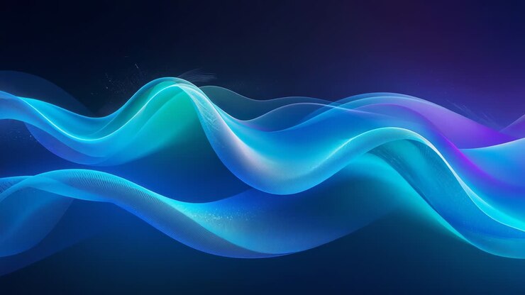 Riproduzione: nastri luminosi stratificati che ondeggiano su una sfumatura blu navy, con scintillii per lo sfondo.