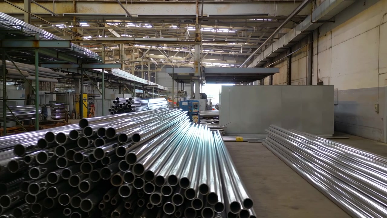 Stakke af metalrør, ingen synlig handling, statisk scene, i et industrielt lager med højt til loftet og reolsystemer, med metalrør, betonblokke, med grå, sølvfarvede accenter, nærliggende objekter