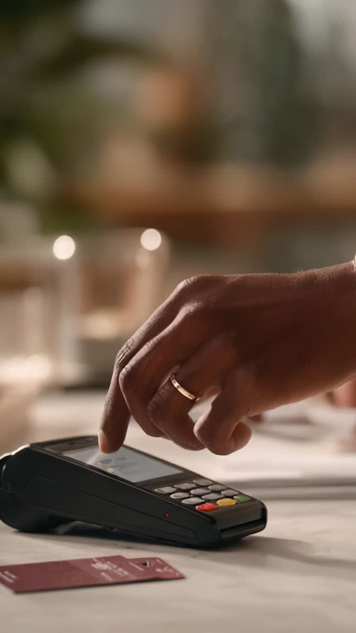Hand Using a Payment Terminal for Contactless Transaction with Credit Card on a Table in a Modern Dining Environment, Capturing the Essence of Digital Payments