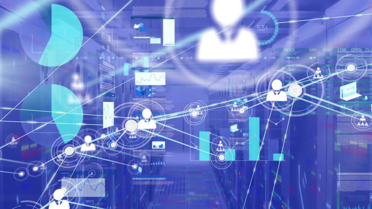 Animation of connected icons and dots over infographic interface with bars against server room