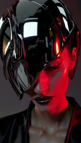 person in futuristic metallic helmet with red light