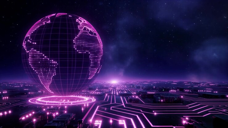 Digital Globe Rotating Above Futuristic Circuit Board Landscape