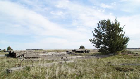 Grasland,-Wüste,-Blauer-Himmel,-Wolkenzeitraffer-Mit-Gras-Und-Baum,-Oregon