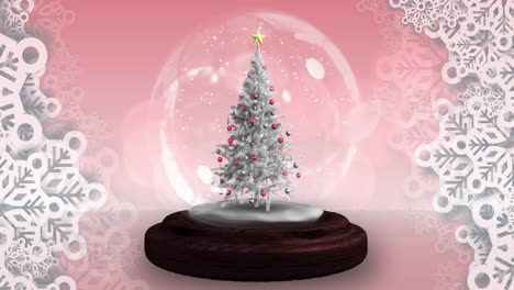 Animation-of-falling-stars-over-snow-globe-with-christmas-tree-on-pink-background