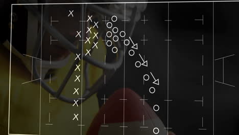 animación de diagrama de estrategia de fútbol sobre primer plano del jugador que sostiene la pelota