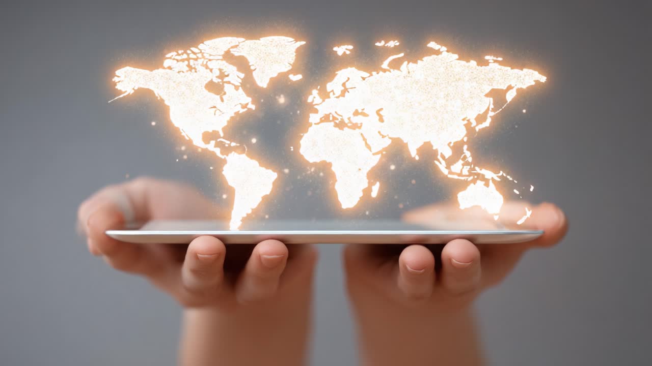 A Glowing World Map Emerging from a Tablet: A Visual Representation of Global Connectivity and Digital Innovation in Our Modern Age