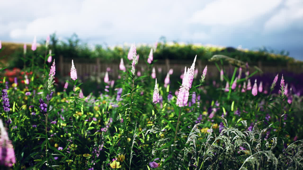 Lush wildflower field in spring with vibrant pink and purple blooms